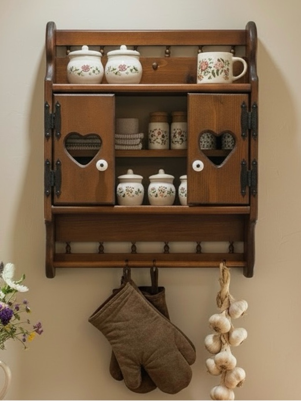 Vintage Larger Wood Hanging Wall Shelf Cabinet Display Hearts Farmhouse Cottage - Picture 5 of 13